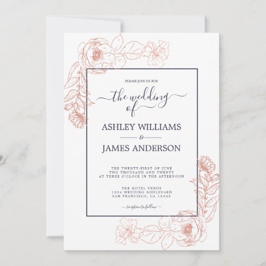 Chique Floral Roze Rose Goud Donkerblauw Bruiloft Kaart (Voorkant)