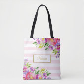 Chique Floral Waterverf Roze en witte strepen Tote Bag (Voorkant)