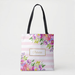 Chique Floral Waterverf Roze en witte strepen Tote Bag