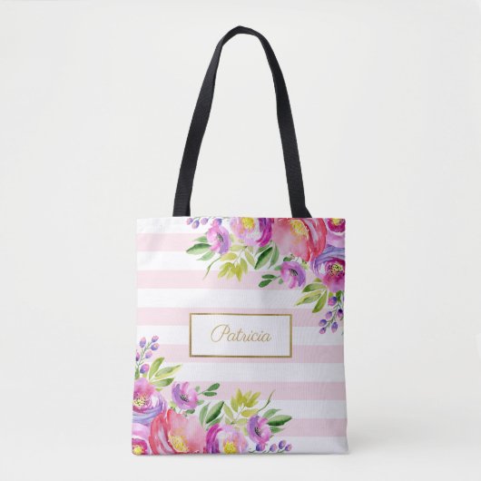 Chique Floral Waterverf Roze en witte strepen Tote Bag (Voorkant)