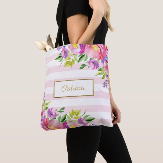 Chique Floral Waterverf Roze en witte strepen Tote Bag (Dichtbij)