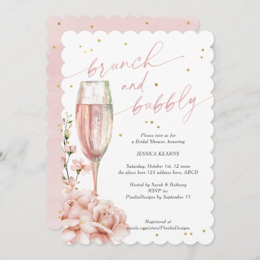Chique florale champagne fluiten brunch en bubbels kaart (Voorkant / Achterkant)