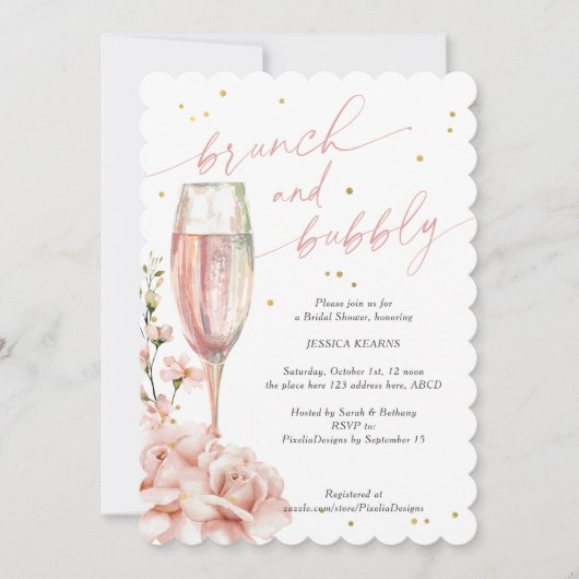 Chique florale champagne fluiten brunch en bubbels kaart (Voorkant)