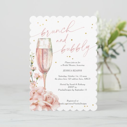 Chique florale champagne fluiten brunch en bubbels kaart (Staand voorkant)