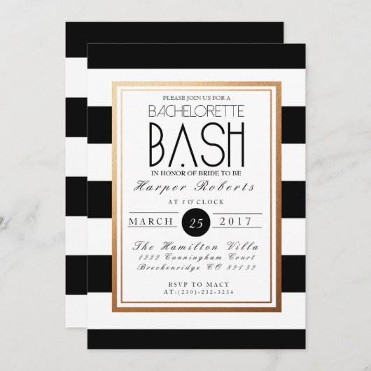Chique & Formele Bachelorette Bash | Goud & Zwart Kaart (Voorkant / Achterkant)