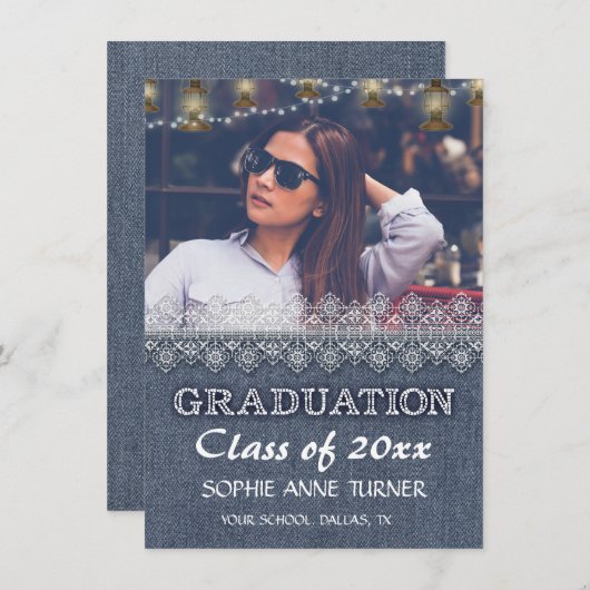 Chique foto afstudeersuitnodigingen | Oude denim k Kaart (Voorkant / Achterkant)