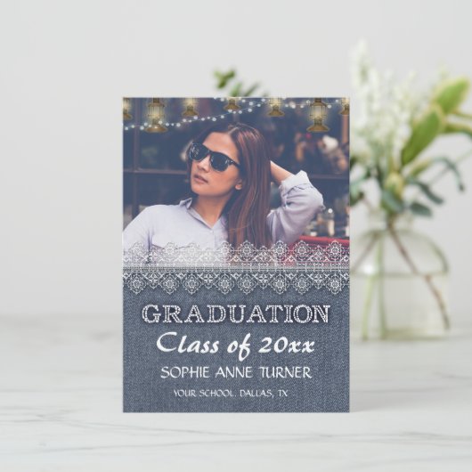 Chique foto afstudeersuitnodigingen | Oude denim k Kaart (Staand voorkant)