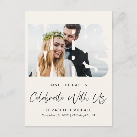 Chique Foto Cream Bruiloft Receptie Save The Date Aankondigingskaart (Voorkant)