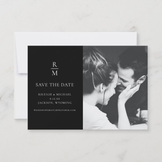 Chique Foto Zwart Monogram Bruiloft Save the Date (Voorkant)
