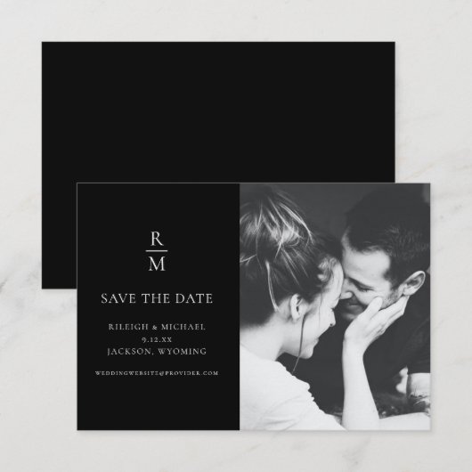 Chique Foto Zwart Monogram Bruiloft Save the Date (Voorkant / Achterkant)
