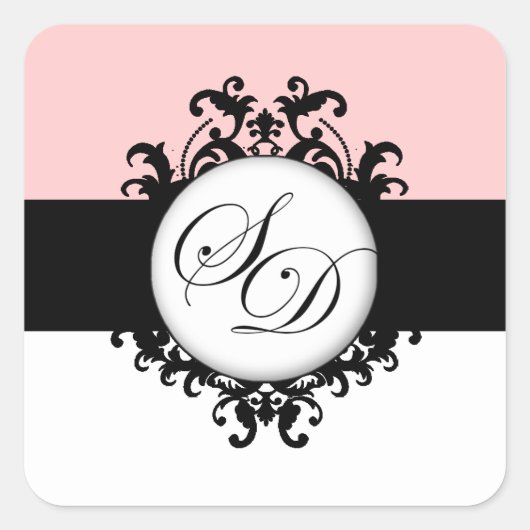 Chique Frans Zwart Monogrammen Damask Bruiloft Lab Vierkante Sticker (Voorkant)