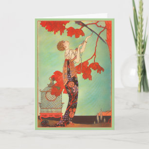 Chique Franse Art Nouveau Papegaai Vogelkooi Tuink Feestdagen Kaart