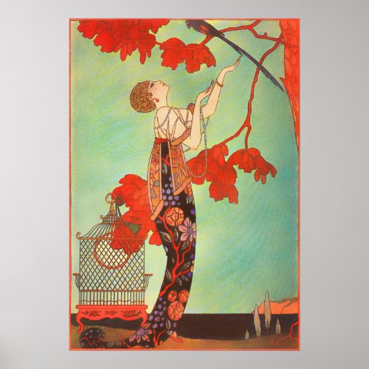 Chique Franse Art Nouveau Papegaai Vogelkooi Tuink Poster (Voorkant)