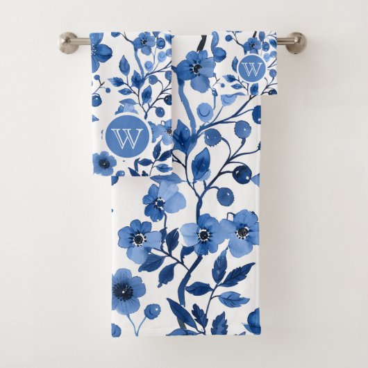 Chique  Franse Blauwe Bloempatronen Monogram Bad Handdoek (Insitu)