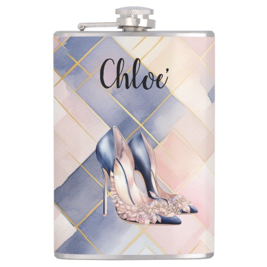 Chique Franse Blauwe Crème Blush Hoge Hakken Heupfles (Voorkant)