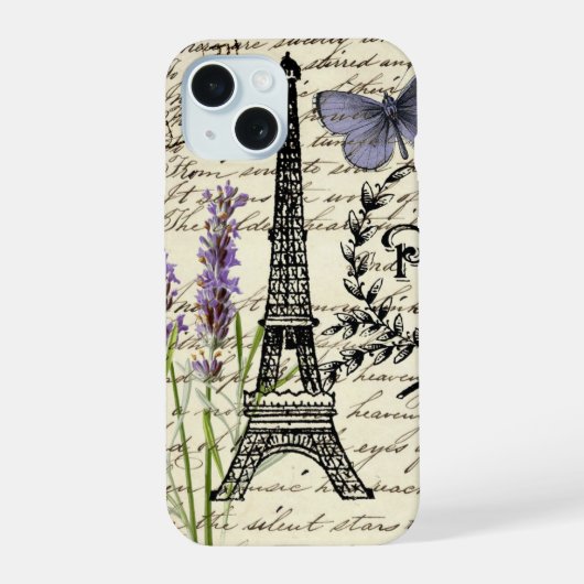 chique Franse vlinder scripts Parijs Eiffeltoren iPhone 15 Case (Achterkant)