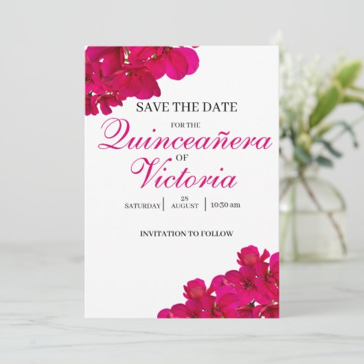 Chique Fuchsia & Hot Pink Rozen Quinceañera Save The Date (Staand voorkant)