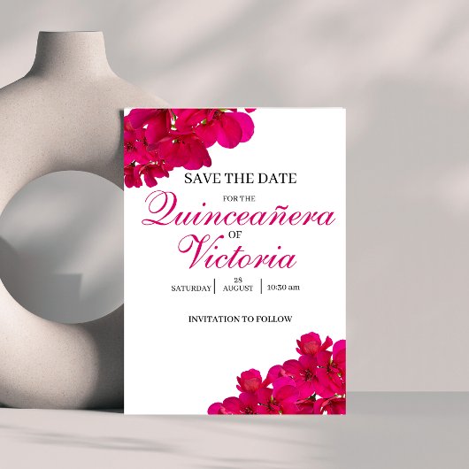 Chique Fuchsia & Hot Pink Rozen Quinceañera Save The Date