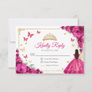 Chique Fuchsia Roze Rozen Gouden Quinceanera Antwo RSVP Kaartje