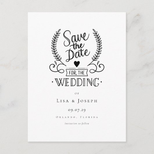 Chique Garland Script Zwart-wit Save the Date Aankondigingskaart (Voorkant)