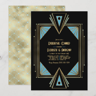 Chique Gatsby Art Deco Blauw & Goud Rehearsal Dinn Kaart