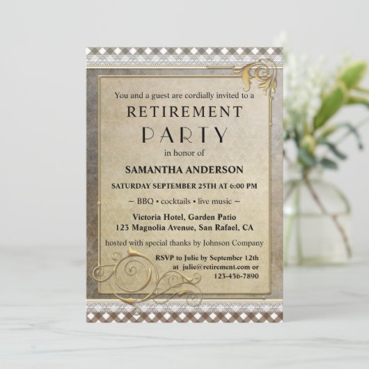 Chique Gatsby BBQ Pensioen Party Uitnodiging (Staand voorkant)