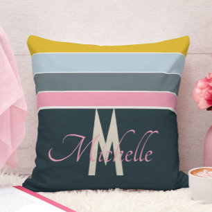 Chique Geborduurde Roze & Marineblauw Teal Gestree Kussen