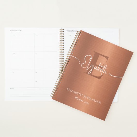 Chique geborsteld koper metaal monogram wit script planner (Display)