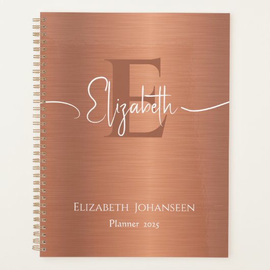 Chique geborsteld koper metaal monogram wit script planner (Voorkant)