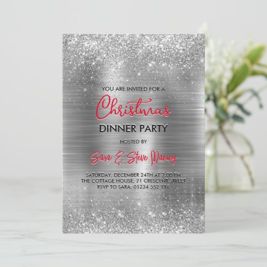 Chique geborsteld metaal zilveren faux glitter Ker Kaart (Staand voorkant)