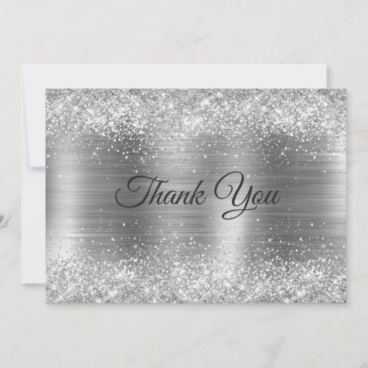 Chique geborsteld metaal zilveren namaak glitte bedankkaart (Voorkant)