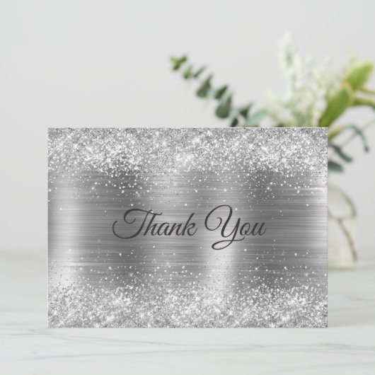 Chique geborsteld metaal zilveren namaak glitte bedankkaart (Staand voorkant)