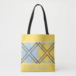 Chique geel blauw plaid tartan gepersonaliseerde n tote bag