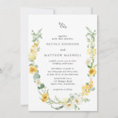 Chique Geel en Wit Bloemen Monogram Bruiloft Kaart (Voorkant)