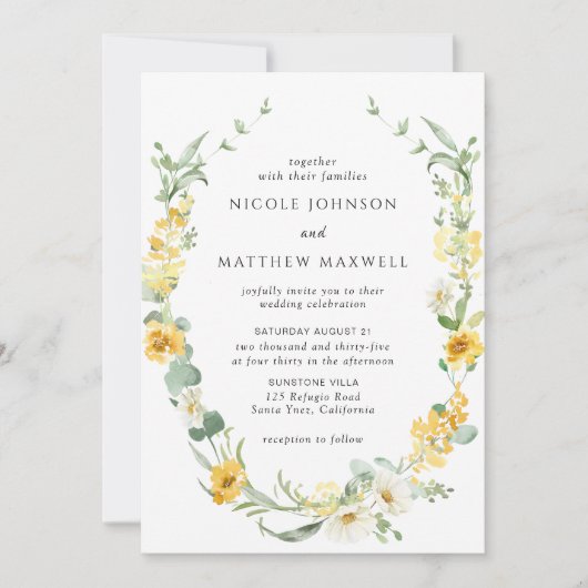 Chique geel en wit bloemenbruiloft uitnodiging (Voorkant)