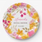 Chique geel roze bloemige waterverf bruids welkom papieren bordje (Voorkant)