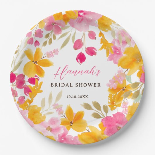 Chique geel roze bloemige waterverf bruids welkom papieren bordje (Voorkant)