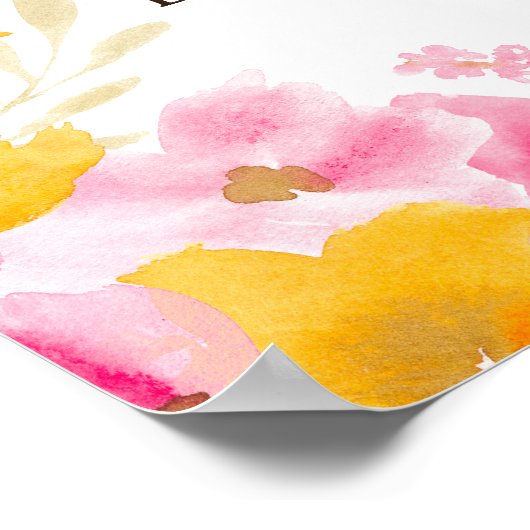 Chique geel roze bloemige waterverf bruids welkom poster (Hoek)