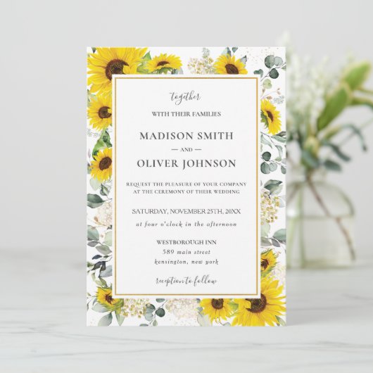 Chique geel zonnebloem bloemengoud Lijst bruiloft Kaart (Staand voorkant)
