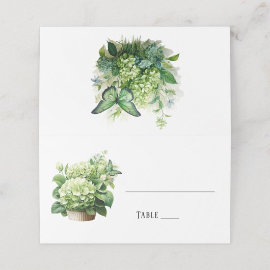 Chique Geen Hydrangea Vlinder Bruiloft Plaatskaartje (Buitenkant ongevouwen)