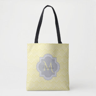 Chique Gele Art Deco Schelpen Grijze Monogram Naam Tote Bag