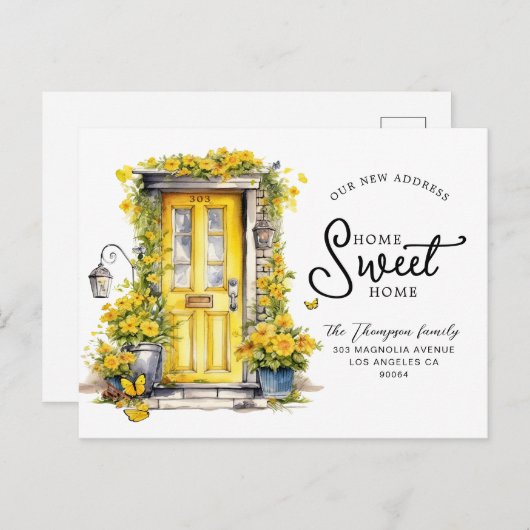 Chique gele bloemendeur Home Sweet Home Moving Aankondigingskaart (Voorkant / Achterkant)