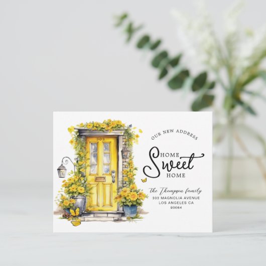 Chique gele bloemendeur Home Sweet Home Moving Aankondigingskaart (Staand voorkant)