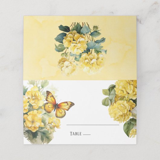 Chique gele hortensia vlinder bruiloft plaatskaartje (Buitenkant ongevouwen)