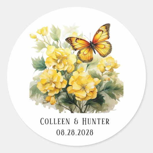 Chique gele hortensia vlinder bruiloft ronde sticker (Voorkant)