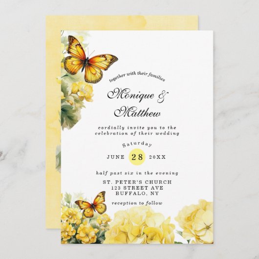 Chique gele hortensia vlinder bruiloft uitnodiging (Voorkant / Achterkant)