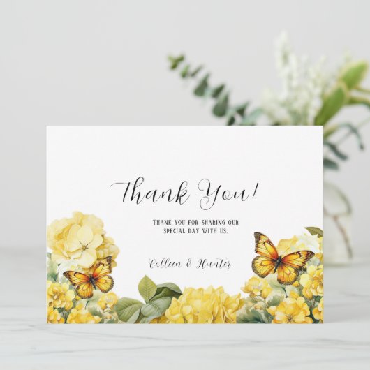 Chique gele Hydrangea vlinder dank u kaarten (Staand voorkant)