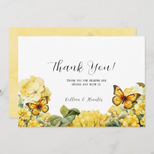 Chique gele Hydrangea vlinder dank u kaarten (Voorkant / Achterkant)