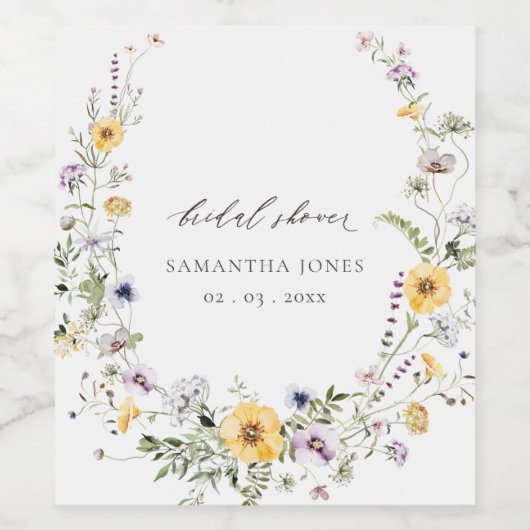 Chique Gele Sering Wilde Bloemenkrans Bruidsdouche Wijn Etiket (Enkel label)