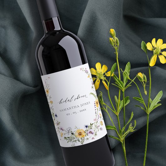 Chique gele seringen wilde bloemenkrans bruidsdouc wijn etiket